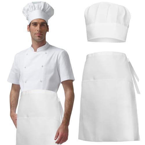 HUKUMA Gorro de Cocinero y Delantal para Adultos, Blanco Corto Delantal Cocina Hombre Mujer, Gorro de Cocina Ajustable, Disfraz Cocinero Accesorio para Casa Restaurantes