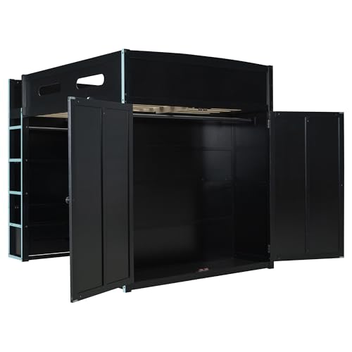 Image of Harper & Bright Designs Full Size Loft Bed with Desk, Wardrobe, Ample Storage Space, Solid Wood Gaming Loft Bunk Bed Frame with RGB Lights, No Box Spring Need, Space-Saving, Cloud Blue