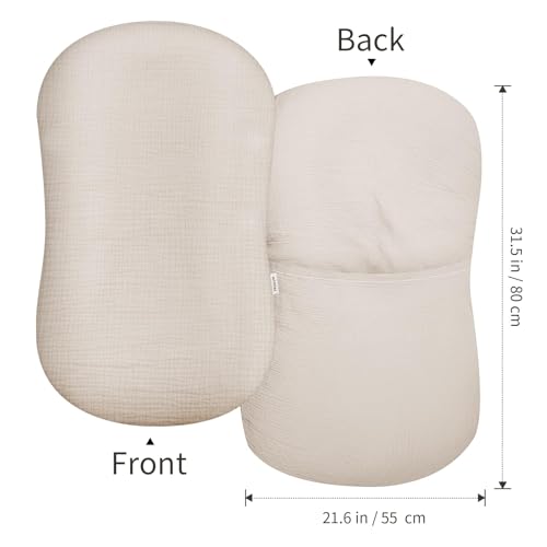 Image of Muslin Baby Lounger Cover 2 Pack, Soft Breathable Newborn Lounger Pillow Cover for Boys Girls Infant (Beige & Sage)