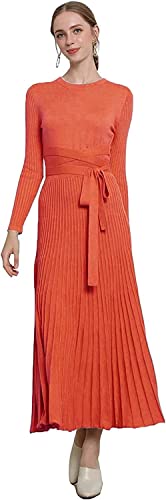 Image of Women's Long Sleeve Sweater Dress Ankle Length Fall Dress Vneck Knit Winter Dress