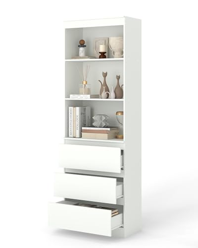 Xinyvee Bibliothèque Meuble de Rangement, Etagere Bibliotheque Livre avec Tiroir, Etagere Blanche avec Tiroir, Armoire de Rangement Chambre Blanche avec 3 étages...