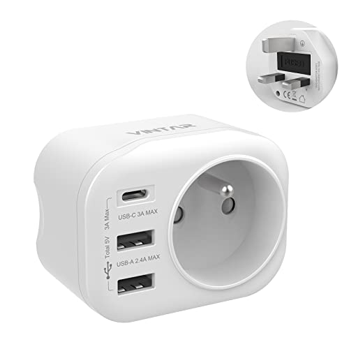VINTAR 1PC Adaptateur Prise Anglaise UK Angleterre Française Adaptateur de Voyage avec 2 USB-A et 1 USB-C 3A, Adaptateur Prise France vers UK Irlande Malaisie Singapour, Certification CE Type G