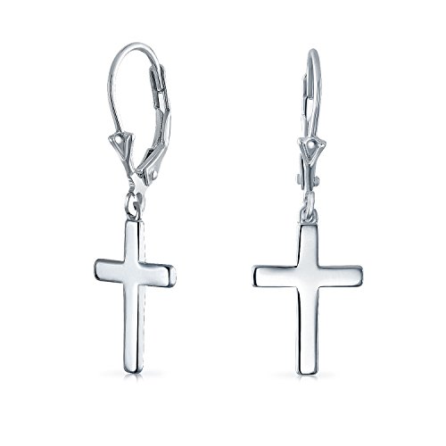 Classic Simple Cuff Drop Dangle Religious Cross Earrings For Women Teen Lever Back Fish Hook Gold Plated .925 Sterling Silver