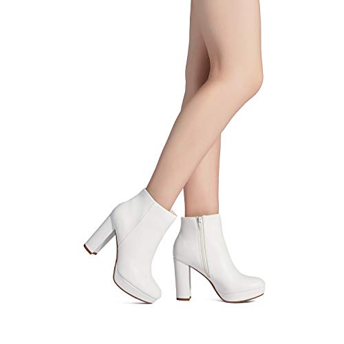 DREAM PAIRS Women's Stomp White Pu High Heel Ankle Boots Size 7.5 B(M) US