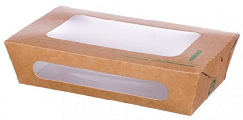 Einwegbehälter aus Kraftpapier für den Transport mit PLA Fenster (Maisstärke), 16x12x5cm, Packung mit 25 Stück, Fassungsvermögen 900 ml, mit kompostierbarer Verpackung.