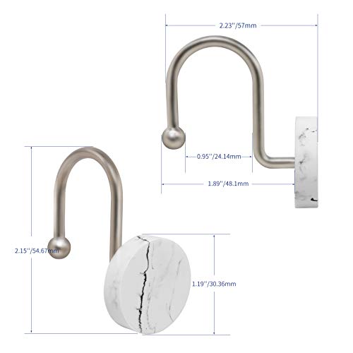 Shower Curtain Hooks, Marble Home Decorative Rust Resistant Shower Curtain Rings for Bathroom, Glide Shower Curtain Hooks for Shower Liner, Set of 12 for Shower Rod (Nickel)