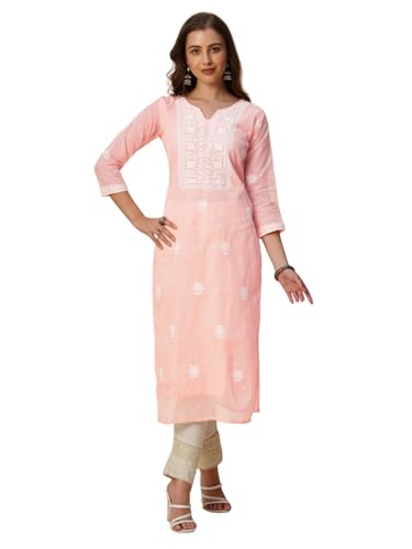 Image of RATAN Muga Cotton Straight Lucknowi Chikankari Ethnic Wear Kurta for Women
