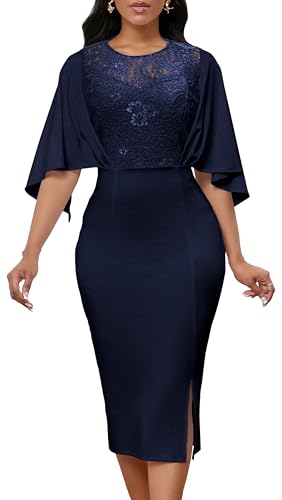 Image of Lace Dresses for Women Wedding Guest Elegant Long Sleeve Cocktail Business Knee Length Pencil Dress