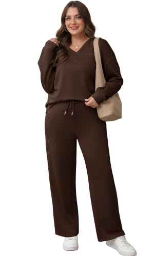 Image of WIHOLL Lounge Sets for Women 2026 V Neck 2 Piece Outfits Airport Wide Leg Pants Matching Set Sweatsuits