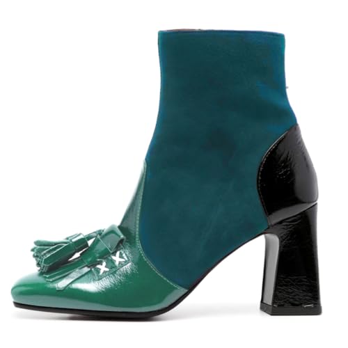 SHODENSE Women Tassel Boots High Chunky Block Heel Square Toe Ankle Booties Fringe Two-Toned Side Zipper Short Combat Boots Patent Suede Patchwork Dress Boots Vintage Chic Fall Boot Office 4-11 M US