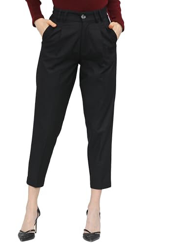 Image of Tokyo Talkies Women's Tapered Fit Cropped Trousers | Stretchable Trousers| Mid-Rise