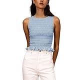 Women Shirred Tank Top Ruffle Sleeveless Tanks Frill Smocked Halter Cami Tops Summer Streetwear, Blue, Small