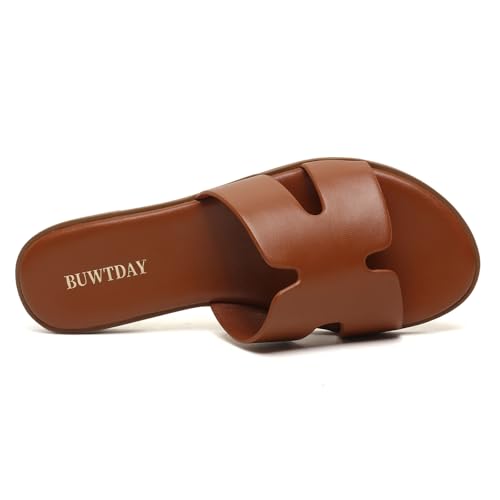 Image of Womens Flat Sandals Dressy Summer Slides Comfortable Casual Open Toe Vacation Sandals Slip On Slides Leather Sandals for Women