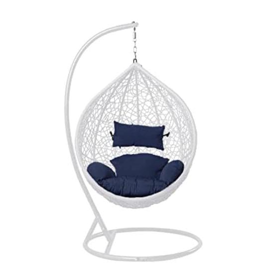Single Seater White Swing Chair with Stand & Blue Cushion & Hook for Outdoor & Indoor,Balcony,Garden,Patio Single Seater White Swing Chair with Stand & Blue Cushion & Hook for Outdoor & Indoor,Balcony,Garden,Patio