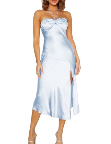 Image of VUBIYA Women's Summer Satin Strapless Slit Halter Midi Dress Wedding Guest