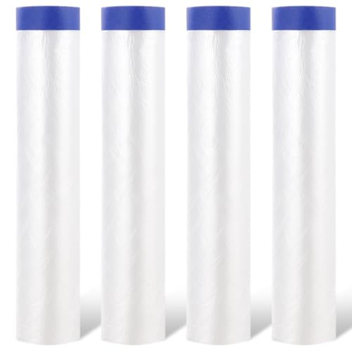 Image of 4 Rolls Painters Plastic with Tape 8.8 x 88 Feet Pre-Taped Masking Film Paint Plastic Covering for Painting, Automotive Covering and Appliance Protection