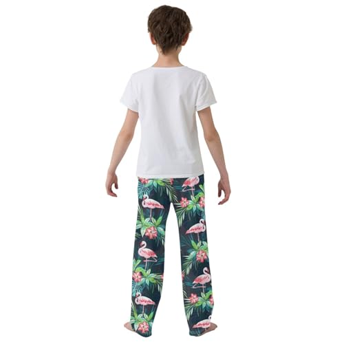 Flamingo Aloha Hibiscus Floral Boys Long Pants Soft Trousers Elastic Waist Kids Lounge Bottoms with Pockets S-XL3