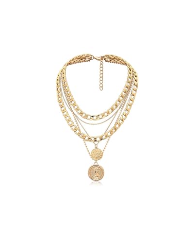 Punk Chunky Chain Necklace,Multi Layered Engraved Coin Alloy Pendant Necklace, Round Hip Hop Pendant,Exaggerated Cuban Necklaces, Thick Collar Jewelry For Women(Golden)