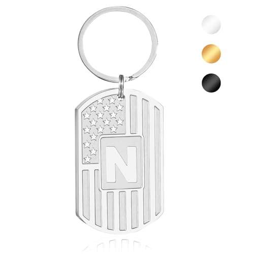 Image of Initial Keychain for Men, A-Z Letter American Flag KeyChain Gifts for Men