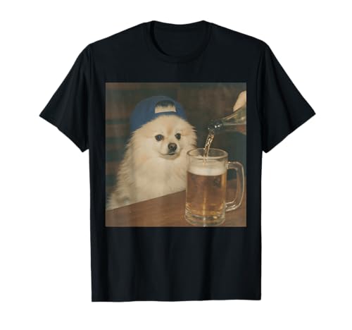 Vintage Pomeranian Drinking Beer Funny Dog Meme T-Shirt