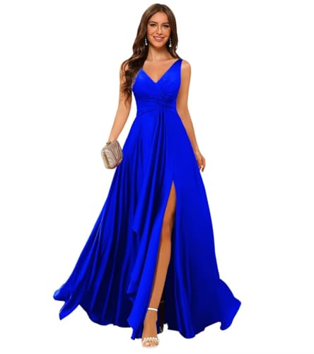 Stylefun Double V Neck Satin Bridesmaid Dresses for Women Long Ruffled Split A-line Formal Prom Dresses with Pocket CYM185