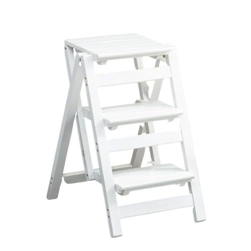 木製はしご椅子ホーム折りたたみ 2 ステップステップスツール多機能ステップスツール階段椅子屋内クライミングはしごキッチンオフィスライブラリ (ホワイト,三層)