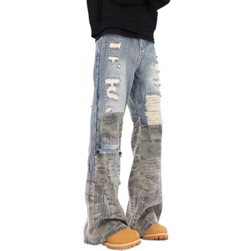 XYGJZ Men's Ripped Slim Fit Straight Leg Jeans Patchwork Camouflage Denim Pants