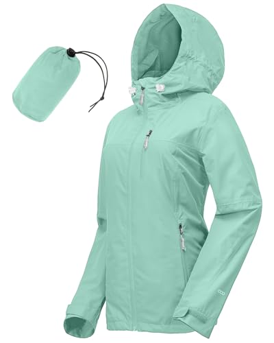 33,000ft Regenjacke Damen Wasserdicht Outdoorjacke Atmungsaktiv Herbst Übergangsjacke Leichte Jacke mit Kapuze Windbreaker zum Wandern Reisen Treking Fahrrad Mintgrün 40