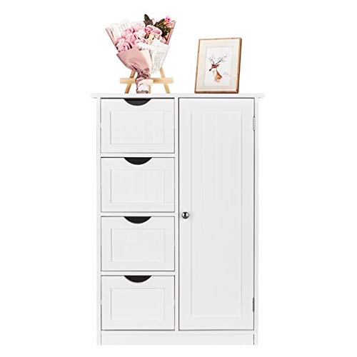 Bathroom Floor Cabinet, Wooden Side Storage Organizer Cabinet with 4 Drawer and 1 Cupboard, Freestanding Unit for Better Homes and Gardens Office, Ivory White