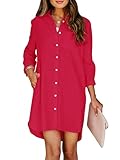Aoudery Womens Button Down Shirt Dresses with Pockets Cotton Button Up Tunics Long Sleeve Solid High Low Blouse Tops-Bright Red M