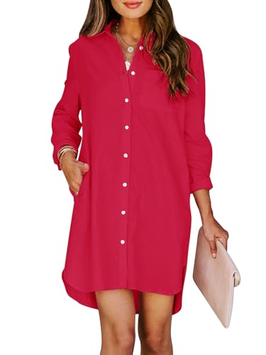 Image of Aoudery Womens Button Down Shirt Dresses with Pockets Cotton Button Up Tunics Long Sleeve Solid High Low Blouse Tops