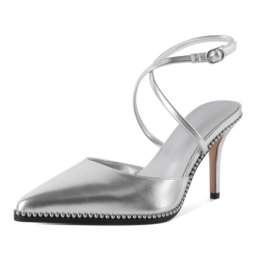 Zamikoo Women's Slingback High Heels Beaded Pumps Pointed Toe Crisscross Ankle Strap Stilettos Dress Shoes 3.5 Inches