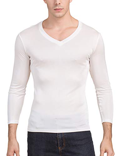 Paradise Silk Men's Pure Silk V Neck Long Sleeves Long Johns Top[USM,White]