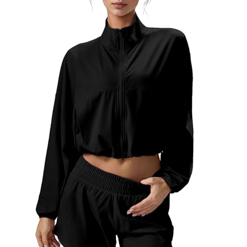 altiland Women's UPF 50+ Sun Protection Cropped Zip Up Jackets for Athletic Workout Running Cool Feeling (Black, S)