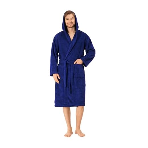 Twinzen Bata Hombre, Albornoz de baño (XXL, Azul Oscuro) - Oeko Tex, No Producto Químico - Albornoz de Algodón con Capucha, 2 Bolsillos, Cinturón para Hombre - Bata Baño Suave, Absorbente y Cómoda