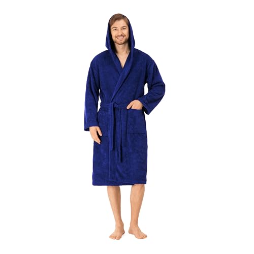 Twinzen Albornoz Hombre Ducha con Capucha 100% Algodon OEKO-TEX Bata Adulto Albornoz Toalla Hombre con 2 Bolsillos y Cinturón - M - Azul Oscuro