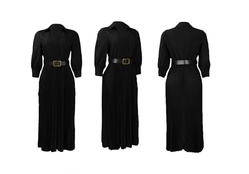 Image of Famnbro Womens Pleated Dress V Neck Long Sleeve A line Church Formal Works Business Dresses with Belt