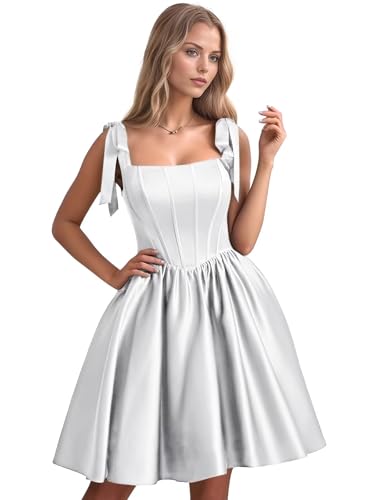 Monlity Satin Homecoming Dresses for Teens with Pockets Spaghetti Straps Pleated A Line Prom Dress Short Wedding Dress