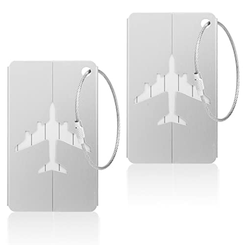 Vicloon Etiquetas Maletas Viaje,2pcs Etiqueta para Equipaje,Etiquetas de Dirección para Bolsos de la Maleta Etiquetas,Etiqueta de Viaje de Aluminio con Candado de Cable (Plata)