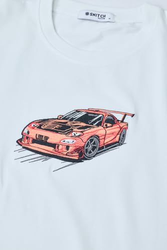 Image of SNITCH Men T-Shirt | Embroidered Car Graphic & Drop Shoulder Style | 100% Breathable Cotton Casual Streetwear T-Shirt & Fashionable Short Sleeve Tee