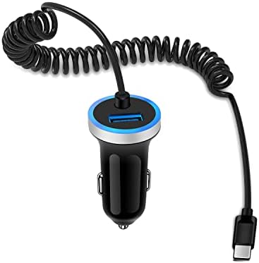 3.4A USB Car Charger with Type C Coiled Cable and Dual Ports - Fast Charging for Samsung Galaxy, Google Pixel, iPhone, 12v Usbc Cigarette Lighter Type C USB Charger Android Automobile Cell Phone Auto