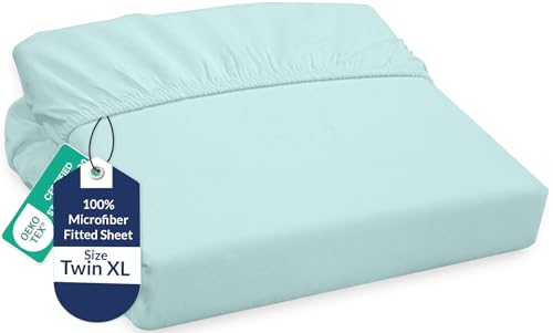 Image of Royale Linens Fitted Sheet Twin XL - Ultra Soft 1800 Brushed Microfiber - Hotel Luxury Bottom Sheets - Wrinkle Free & Fade Resistant - Deep Pocket Fitted Sheet Only (Twin XL, Aqua)