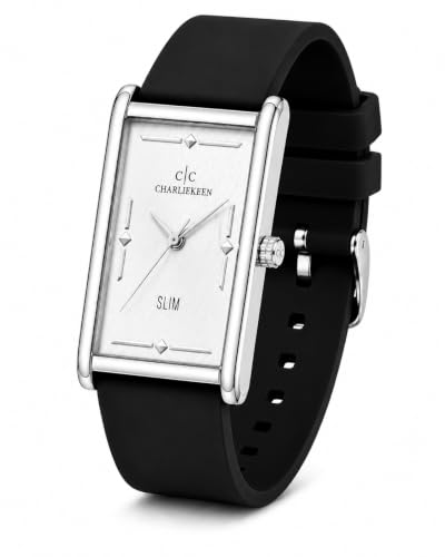 Image of CHARLIEKEEN Slim Rectangular Mens Analog Watch, Silver, Black, Silver | SILICONE STRAP