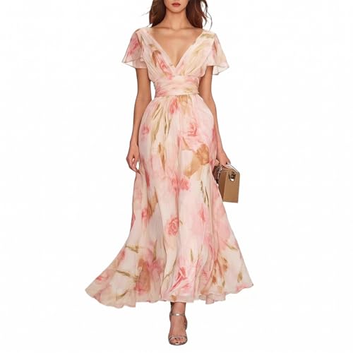 Minetom Femme Robe De Soirée Chic Longue Col V À Fleur Mousseline Manches Longue Maxi Dress Plage...