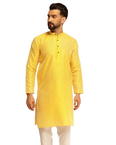 Image of SOJANYA (Since 1958 Men's Silk Blend Long Kurta with Subtle White Detailing | Traditional Ethnic Wear for Navratri