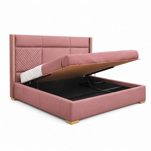Image of Royal Modern Upholstered Queen Size Bed with Hydraulic Storage for Bedroom | Wooden Double Beds for Home & Hotels | Platform Cot Bed with Upholstery Fabric, 6.5 x 5 Ft | Sheesham, Onion Pink