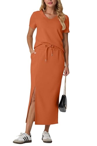 Image of GRECERELLE Women Summer Casual 2 Piece Sets V-Neck Wrinkle-Free Top & Elastic Waist Midi Side Slit Skirt with Pockets