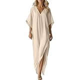 Guhmomh Leinenkleid Damen Lang Sommerkleid Kurzarm Maxikleid Baumwolle Leinen Kleid Sommer Damenkleider Elegant Freizeitkleid Locker Strandkleid Leicht und Luftig Tunika Kleider Sommerkleider Beige S
