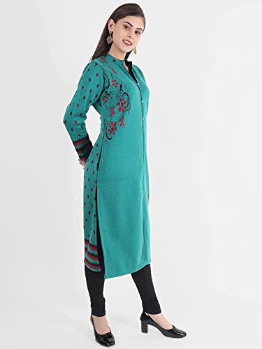 Image of Rosary Women's Winter Wear Jacquard Woolen Straight Kurti with 2 Side Pockets,RZ017FIROZI-L