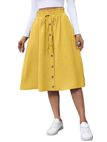 EARKOHA 2025 Skirt for Women Denim A-Line Skirt Autumn Loose Fit Button Midi Skirts Yellow L